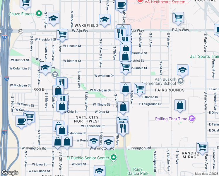 map of restaurants, bars, coffee shops, grocery stores, and more near 120 West Michigan Drive in Tucson