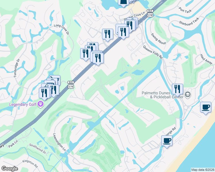map of restaurants, bars, coffee shops, grocery stores, and more near 60 Carnoustie Road in Hilton Head Island