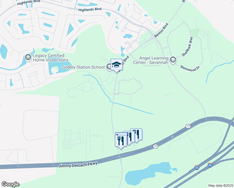 map of restaurants, bars, coffee shops, grocery stores, and more near 2080 Benton Boulevard in Pooler
