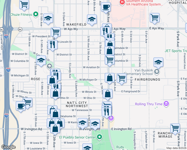 map of restaurants, bars, coffee shops, grocery stores, and more near 156 West Michigan Drive in Tucson