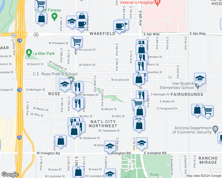 map of restaurants, bars, coffee shops, grocery stores, and more near 4468 South Belmar Avenue in Tucson