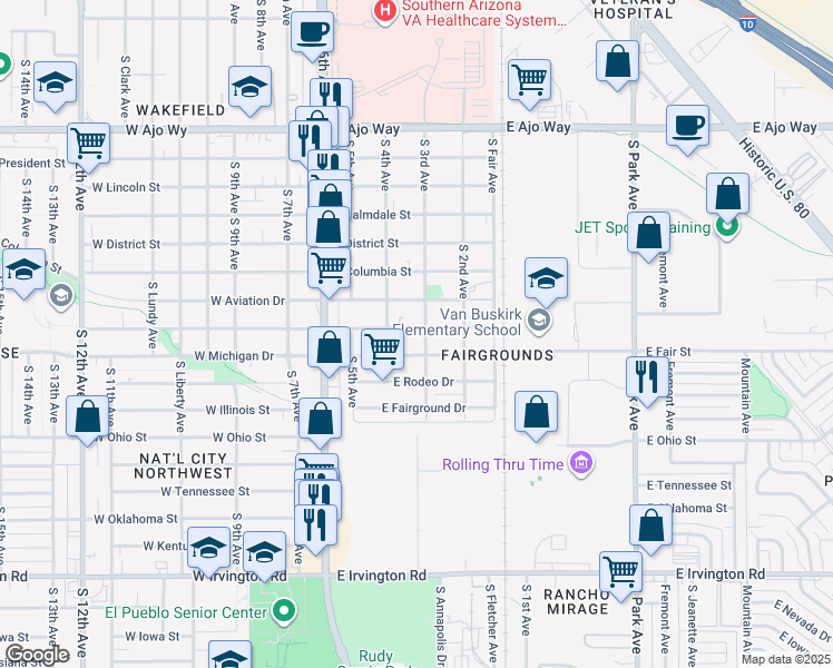 map of restaurants, bars, coffee shops, grocery stores, and more near 301 East Michigan Drive in Tucson