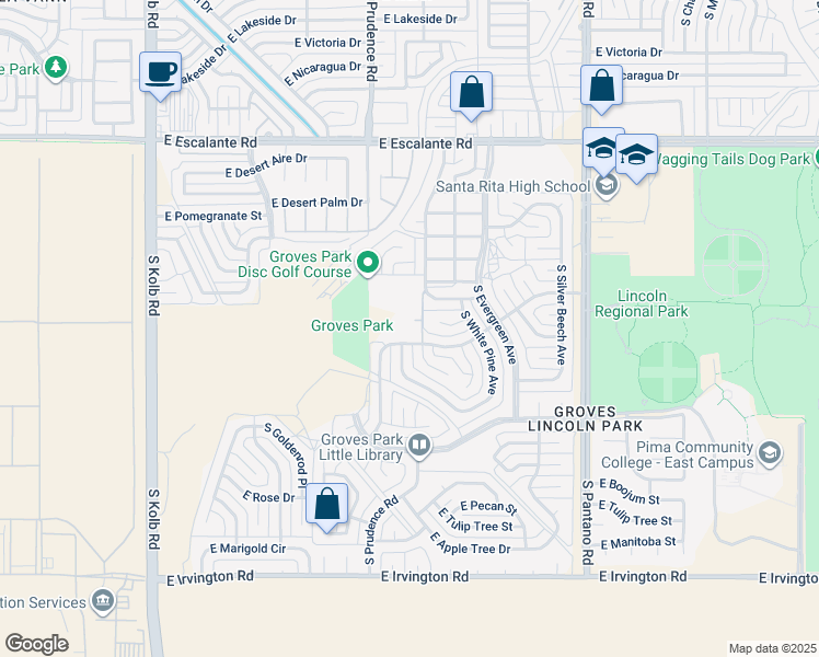 map of restaurants, bars, coffee shops, grocery stores, and more near 7555 East Dogwood Street in Tucson