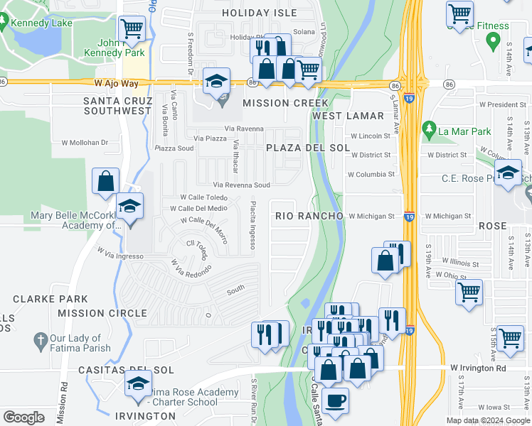 map of restaurants, bars, coffee shops, grocery stores, and more near 4432 South Paseo Rio Bravo in Tucson