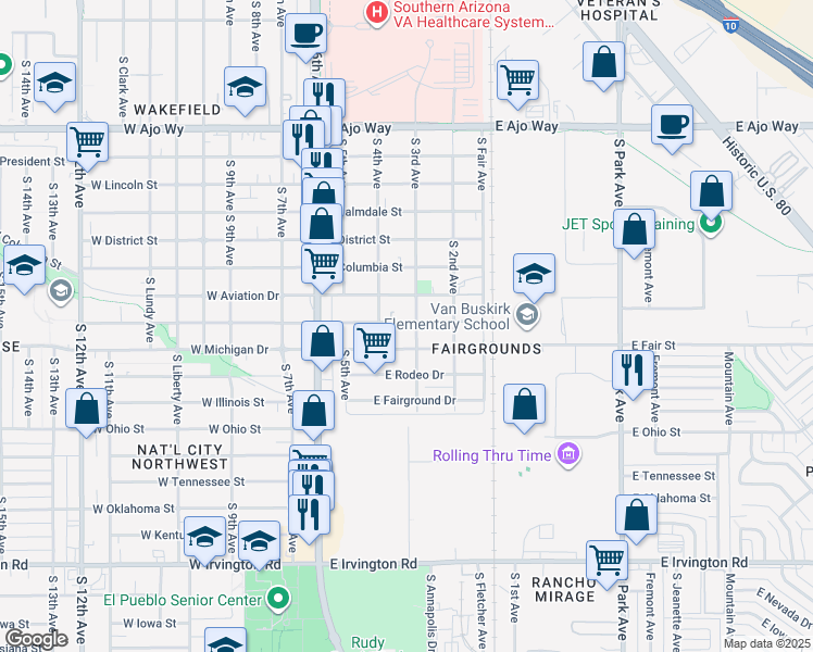 map of restaurants, bars, coffee shops, grocery stores, and more near 301 East Michigan Drive in Tucson