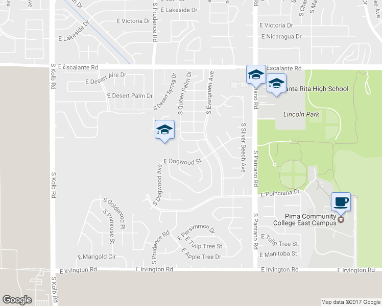 map of restaurants, bars, coffee shops, grocery stores, and more near 7611 East White Pine Place in Tucson