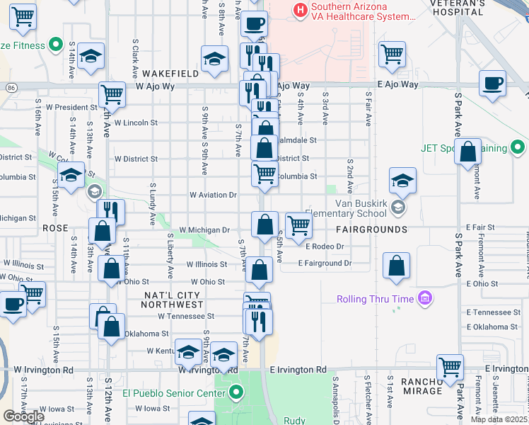 map of restaurants, bars, coffee shops, grocery stores, and more near 14 East Pennsylvania Drive in Tucson