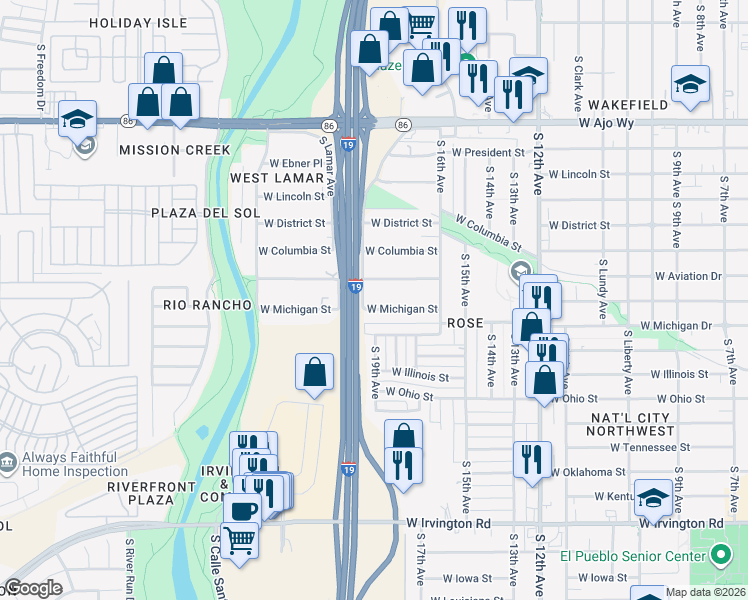 map of restaurants, bars, coffee shops, grocery stores, and more near 931 West Pennsylvania Drive in Tucson