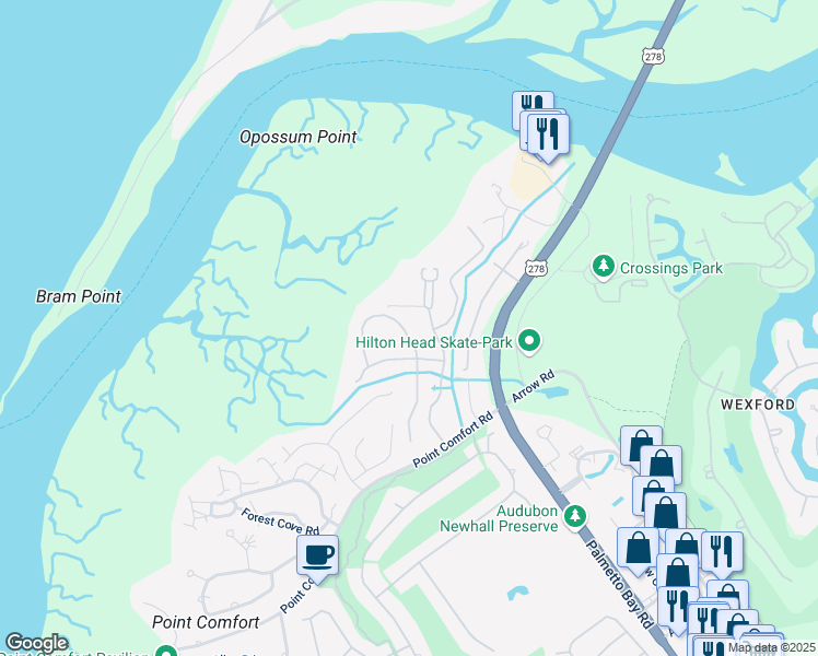 map of restaurants, bars, coffee shops, grocery stores, and more near 201 D 70 Paddle Boat Lane in Hilton Head Island
