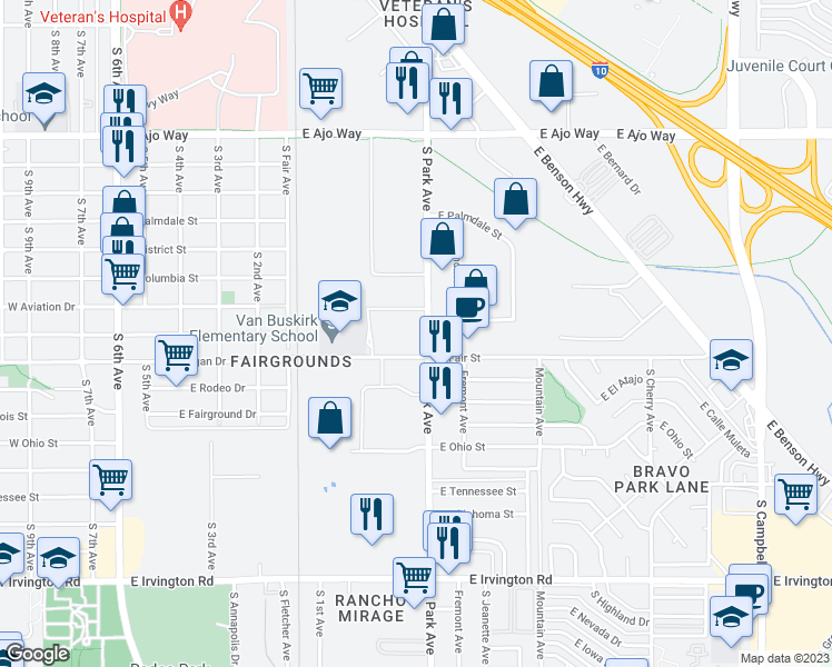 map of restaurants, bars, coffee shops, grocery stores, and more near 4410 South Park Avenue in Tucson