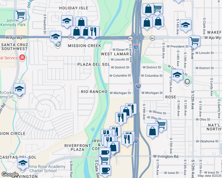 map of restaurants, bars, coffee shops, grocery stores, and more near 1145 West Pennsylvania Drive in Tucson
