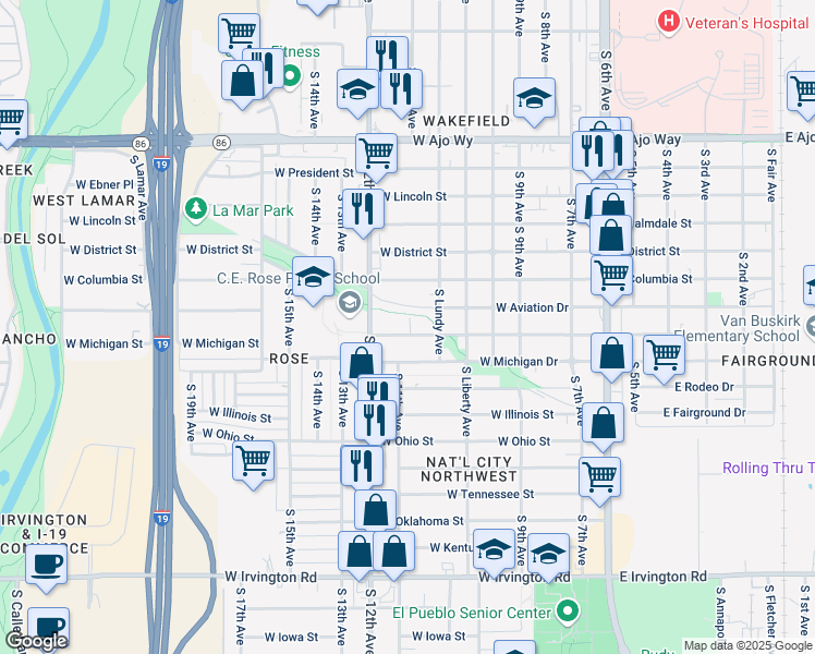 map of restaurants, bars, coffee shops, grocery stores, and more near 438 West Pennsylvania Drive in Tucson