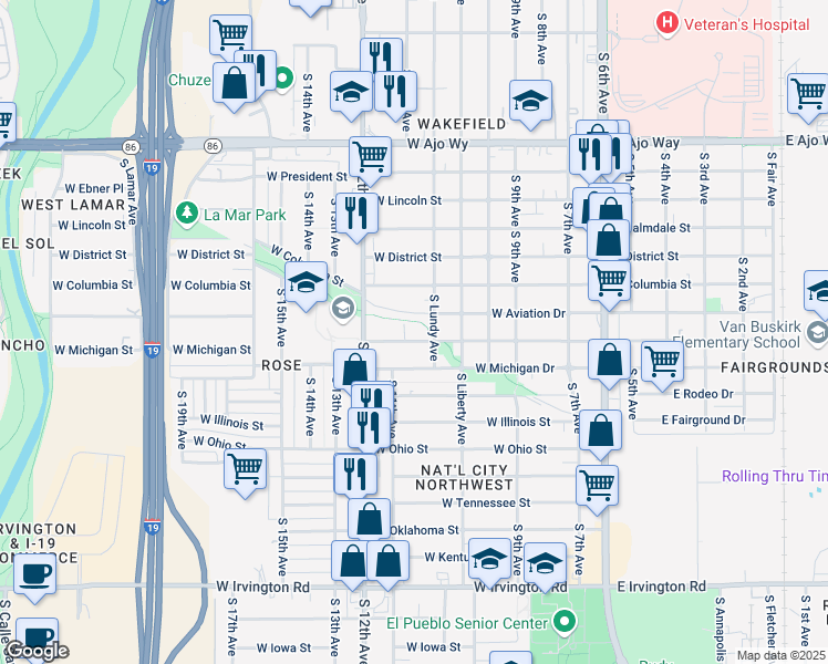 map of restaurants, bars, coffee shops, grocery stores, and more near 438 West Pennsylvania Drive in Tucson
