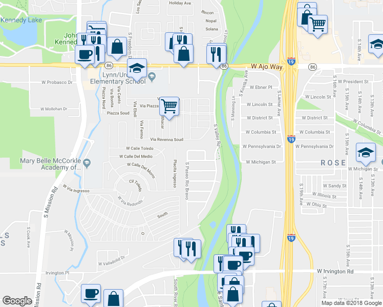 map of restaurants, bars, coffee shops, grocery stores, and more near 1392 West Via Rio Blanco in Tucson