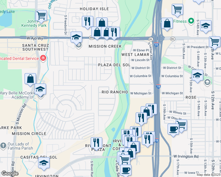 map of restaurants, bars, coffee shops, grocery stores, and more near 4381 Via Rio Azul South in Tucson