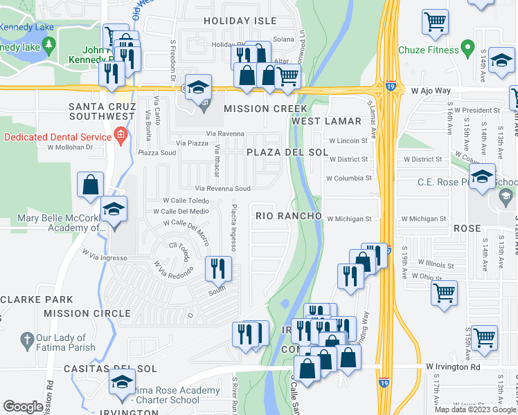 map of restaurants, bars, coffee shops, grocery stores, and more near 1369 West Via Rio Blanco in Tucson