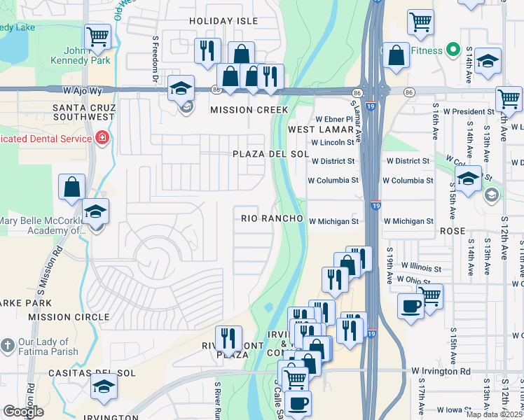 map of restaurants, bars, coffee shops, grocery stores, and more near 4341 Via Rio Azul South in Tucson