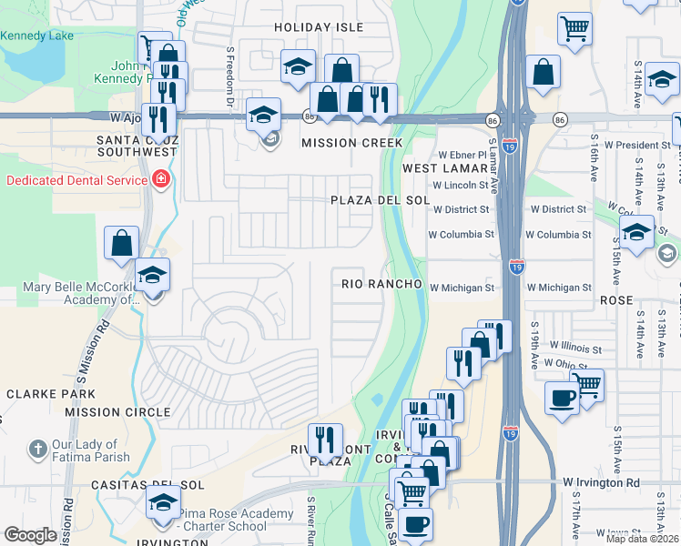 map of restaurants, bars, coffee shops, grocery stores, and more near 1392 West Via Rio Blanco in Tucson