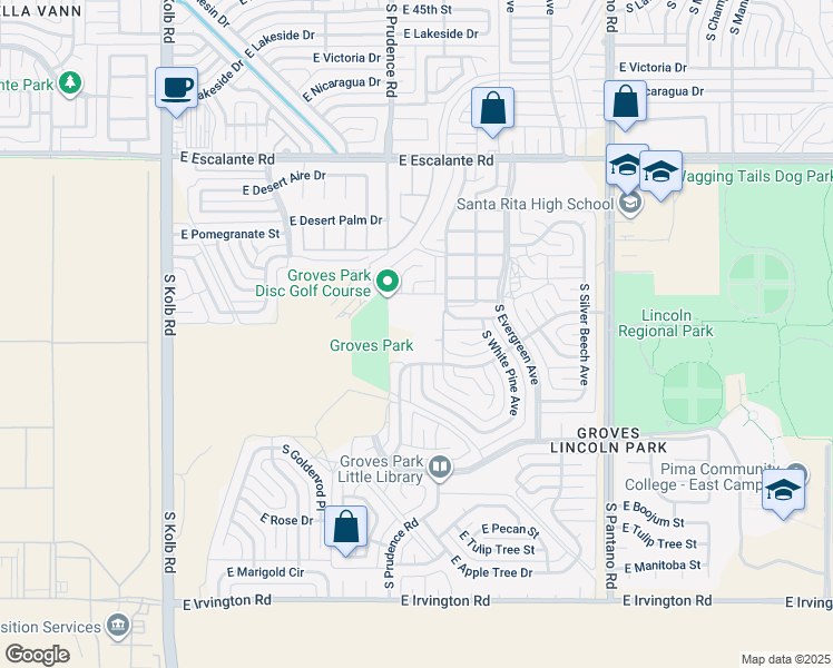 map of restaurants, bars, coffee shops, grocery stores, and more near 7555 East Dogwood Street in Tucson