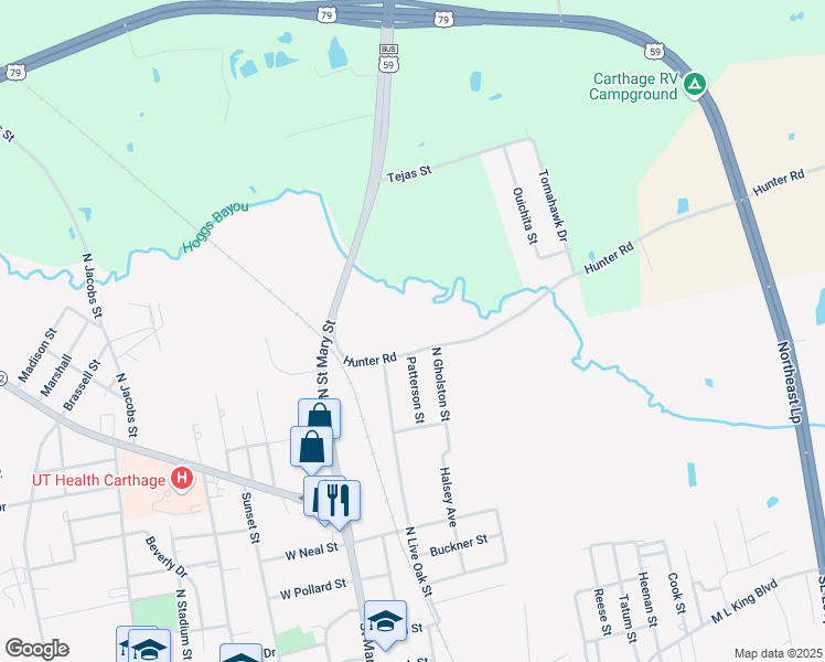 map of restaurants, bars, coffee shops, grocery stores, and more near 511 Hunter Road in Carthage