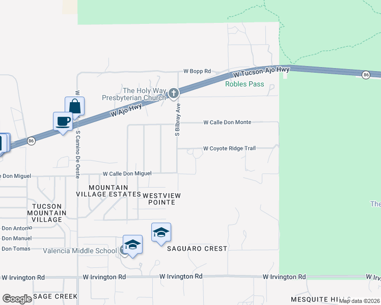 map of restaurants, bars, coffee shops, grocery stores, and more near 4185 West Coyote Ridge Trail in Tucson