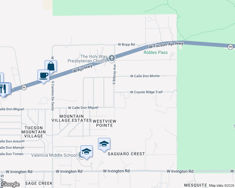 map of restaurants, bars, coffee shops, grocery stores, and more near 4185 West Coyote Ridge Trail in Tucson