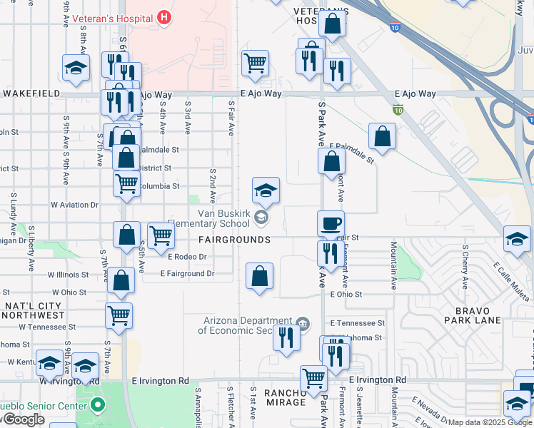 map of restaurants, bars, coffee shops, grocery stores, and more near 725 East Fair Street in Tucson