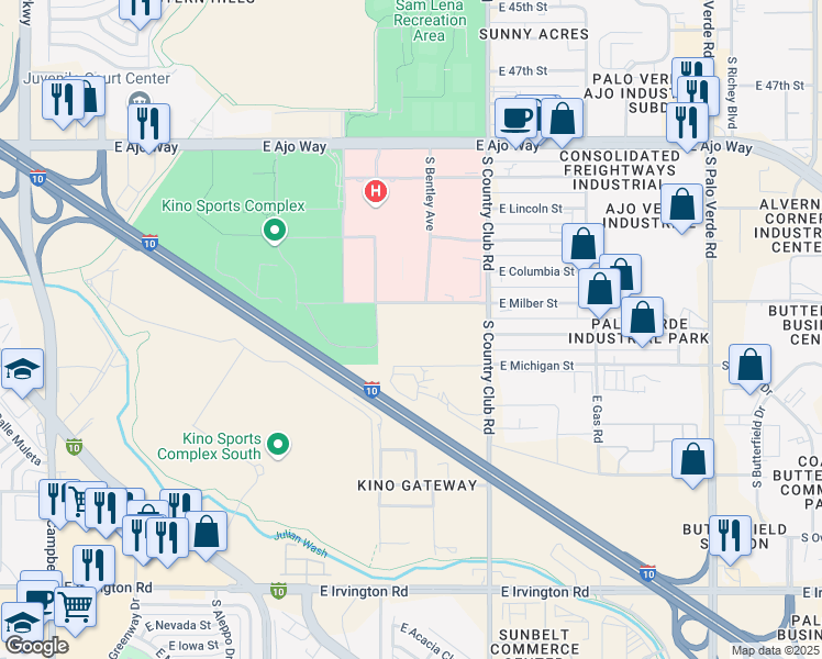 map of restaurants, bars, coffee shops, grocery stores, and more near 2900 East Milber Street in Tucson