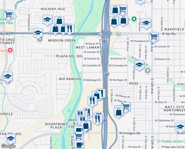 map of restaurants, bars, coffee shops, grocery stores, and more near 1057 West Pennsylvania Drive in Tucson