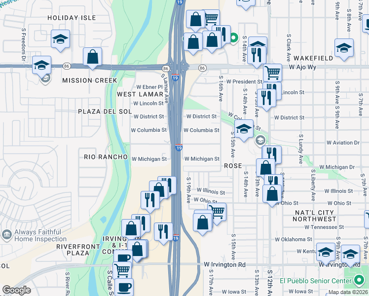 map of restaurants, bars, coffee shops, grocery stores, and more near 931 West Pennsylvania Drive in Tucson