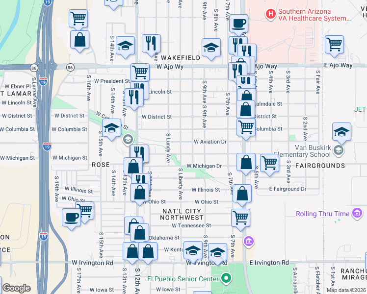 map of restaurants, bars, coffee shops, grocery stores, and more near 305 West Aviation Drive in Tucson
