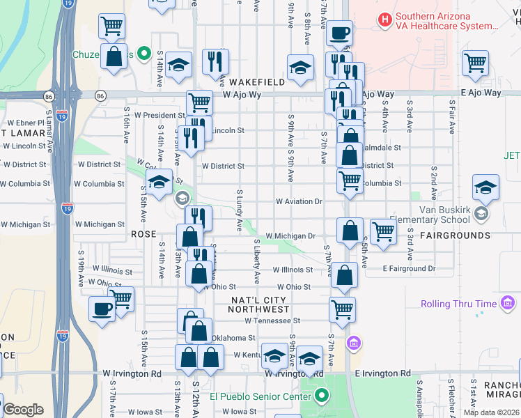 map of restaurants, bars, coffee shops, grocery stores, and more near 305 West Aviation Drive in Tucson