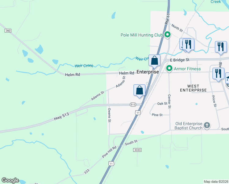 map of restaurants, bars, coffee shops, grocery stores, and more near 107-111 Adams Street in Enterprise