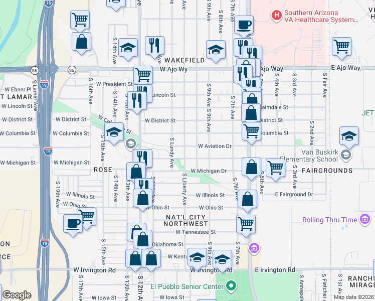 map of restaurants, bars, coffee shops, grocery stores, and more near 305 West Aviation Drive in Tucson