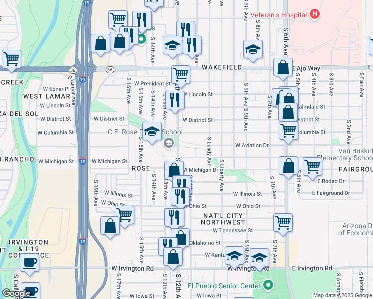 map of restaurants, bars, coffee shops, grocery stores, and more near 4407 South 12th Avenue in Tucson