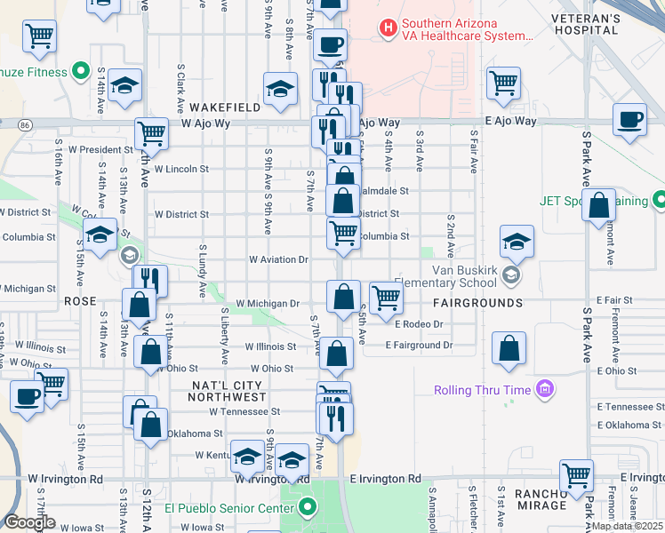 map of restaurants, bars, coffee shops, grocery stores, and more near 4410 S 6th Ave in Tucson