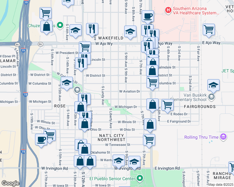 map of restaurants, bars, coffee shops, grocery stores, and more near 305 West Aviation Drive in Tucson
