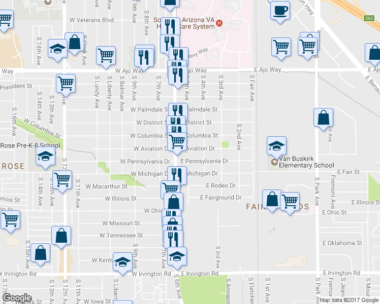 map of restaurants, bars, coffee shops, grocery stores, and more near 102 East Aviation Drive in Tucson