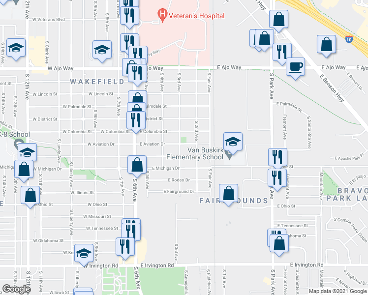 map of restaurants, bars, coffee shops, grocery stores, and more near 308 E Aviation Dr in Tucson