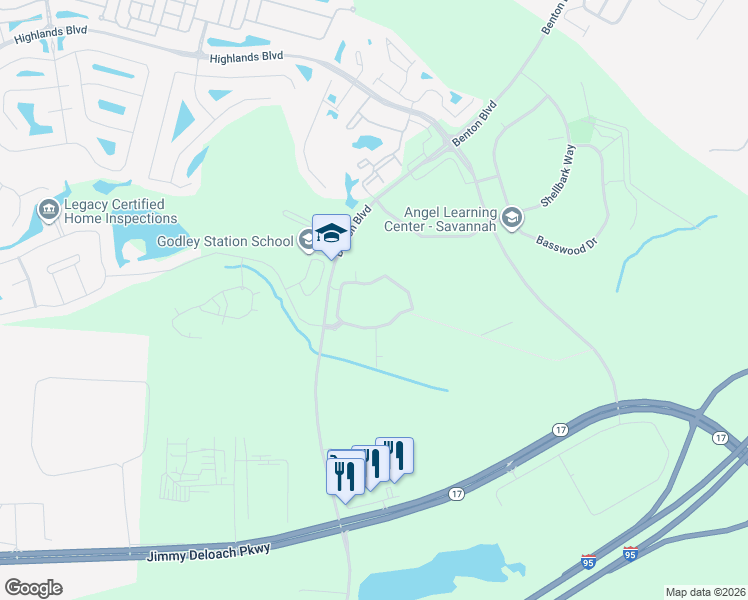map of restaurants, bars, coffee shops, grocery stores, and more near 2080 Benton Boulevard in Pooler