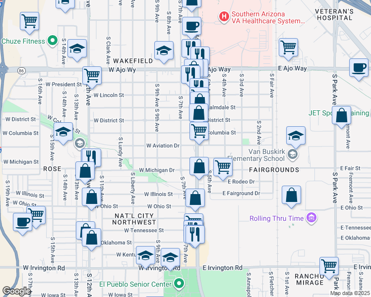 map of restaurants, bars, coffee shops, grocery stores, and more near 4410 South 6th Avenue in Tucson