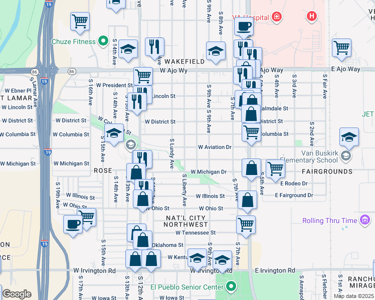map of restaurants, bars, coffee shops, grocery stores, and more near 305 West Aviation Drive in Tucson