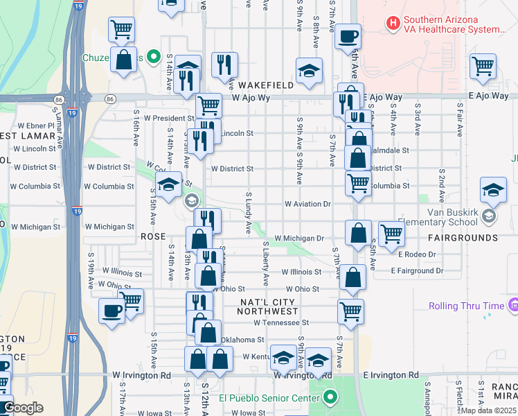 map of restaurants, bars, coffee shops, grocery stores, and more near 361 West Aviation Drive in Tucson