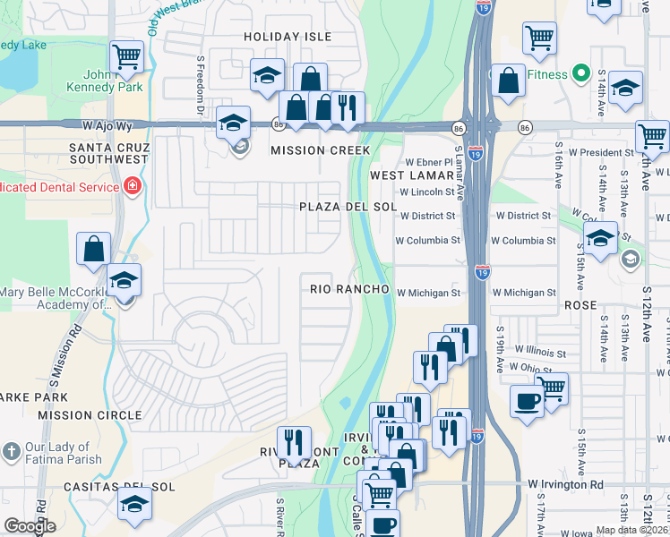 map of restaurants, bars, coffee shops, grocery stores, and more near 4341 Via Rio Azul South in Tucson