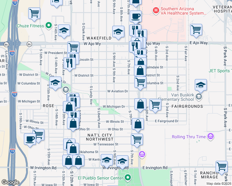 map of restaurants, bars, coffee shops, grocery stores, and more near 149 West Aviation Drive in Tucson