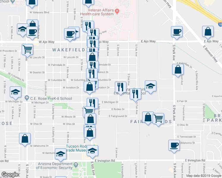map of restaurants, bars, coffee shops, grocery stores, and more near 212 East Aviation Drive in Tucson