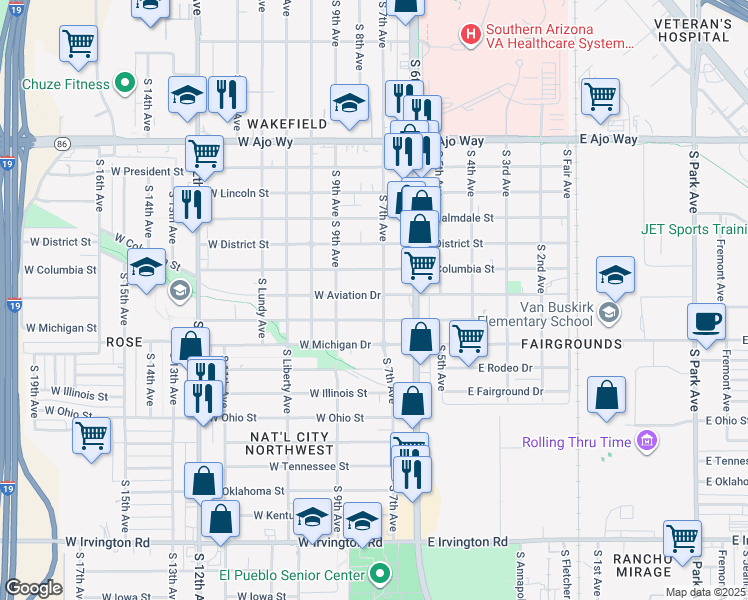 map of restaurants, bars, coffee shops, grocery stores, and more near 107 West Aviation Drive in Tucson