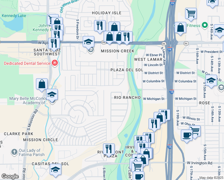 map of restaurants, bars, coffee shops, grocery stores, and more near 1392 W Via Rio Blanco in Tucson