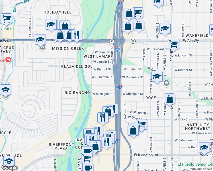map of restaurants, bars, coffee shops, grocery stores, and more near 1067 West Pennsylvania Drive in Tucson