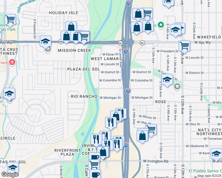 map of restaurants, bars, coffee shops, grocery stores, and more near 1067 West Pennsylvania Drive in Tucson
